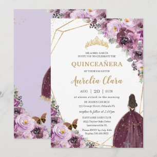 Convite Quinceañera Plum Mauve Purple Floral Dourada Prin