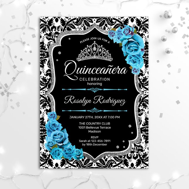 Convite Quinceanera - Prata Azul Preta (Criador carregado)