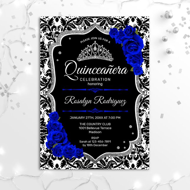 Convite Quinceanera - Prata Azul Real Negra (Criador carregado)