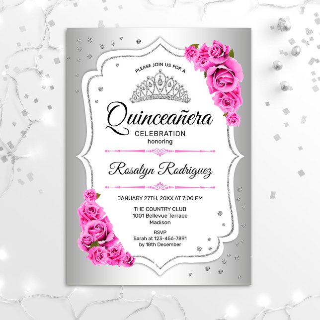 Convite Quinceanera - Prata Branca, Rosa (Criador carregado)