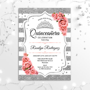 Convite Quinceanera - Prata Branca - Rosa Esbranquiçada