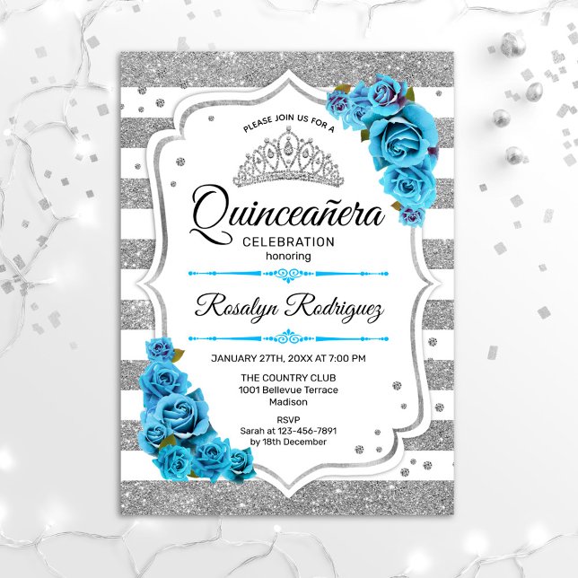 Convite Quinceanera - Prata Branca - Stripe Azul (Criador carregado)