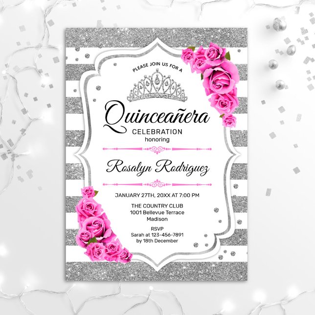 Convite Quinceanera - Prata Branca - Stripes Rosa (Criador carregado)