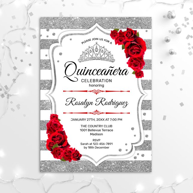 Convite Quinceanera - Prata Branca - Vermelho (Criador carregado)
