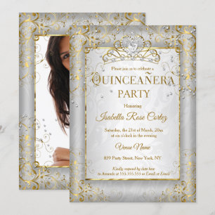 Convite Quinceanera Prata Branco Ouro Tiara festa de fotos