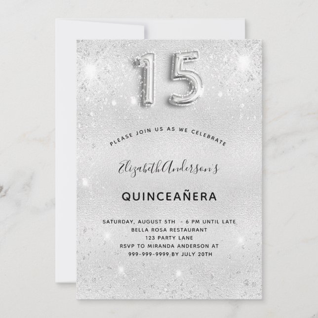 Convite Quinceanera prata elegante (Frente)