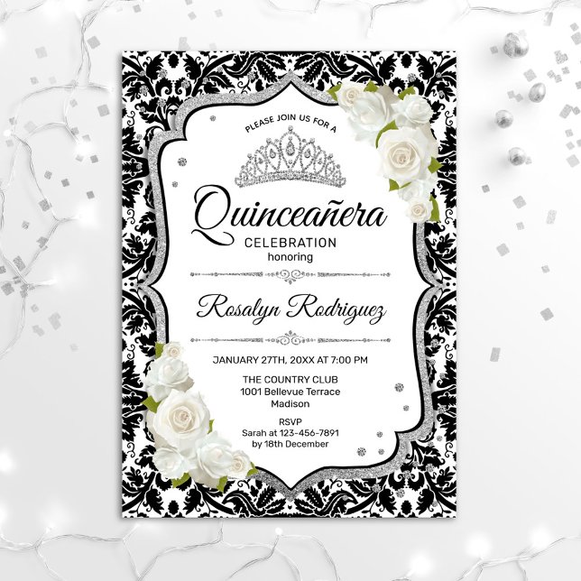 Convite Quinceanera - Prata Negra Branca de Damasco (Criador carregado)