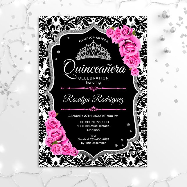 Convite Quinceanera - Prata Preta Rosa (Criador carregado)