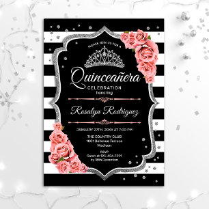 Convite Quinceanera - Prata Preta - Rosa Esbranquiçada