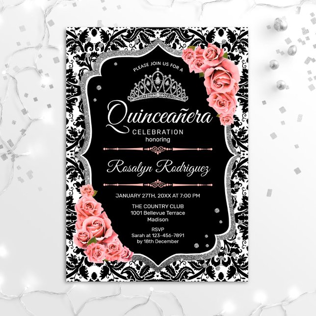 Convite Quinceanera - Prata Rosa Negra (Criador carregado)