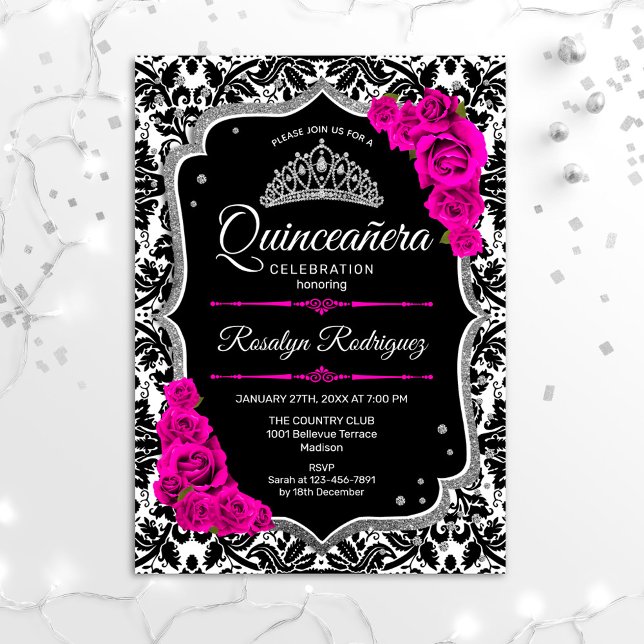 Convite Quinceanera - Prata Rosa Preta (Criador carregado)