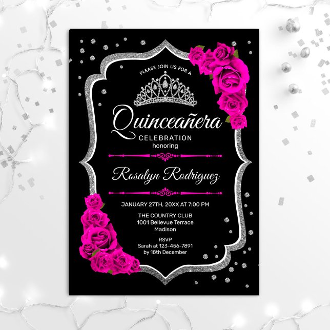 Convite Quinceanera - Prata Rosa Preta (Criador carregado)