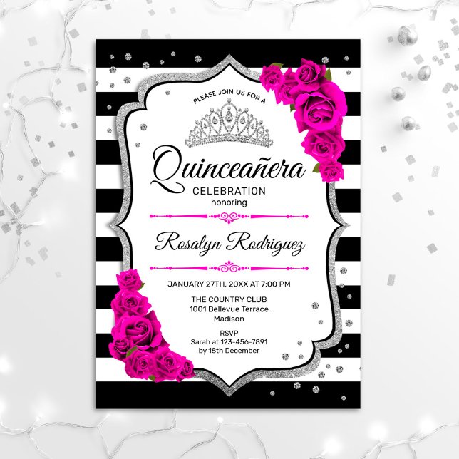 Convite Quinceanera - Prata Rosa Preta Branca (Criador carregado)