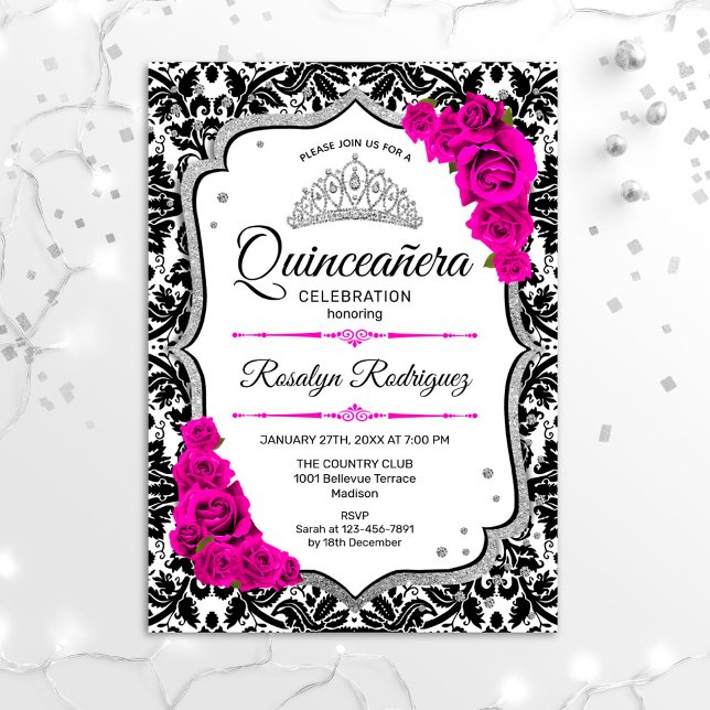 Convite Quinceanera - Prata Rosa Preta Branco Damasco Rosa (Criador carregado)