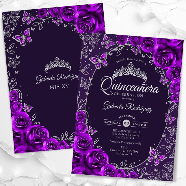 Convite Quinceanera Prata Roxo (Criador carregado)