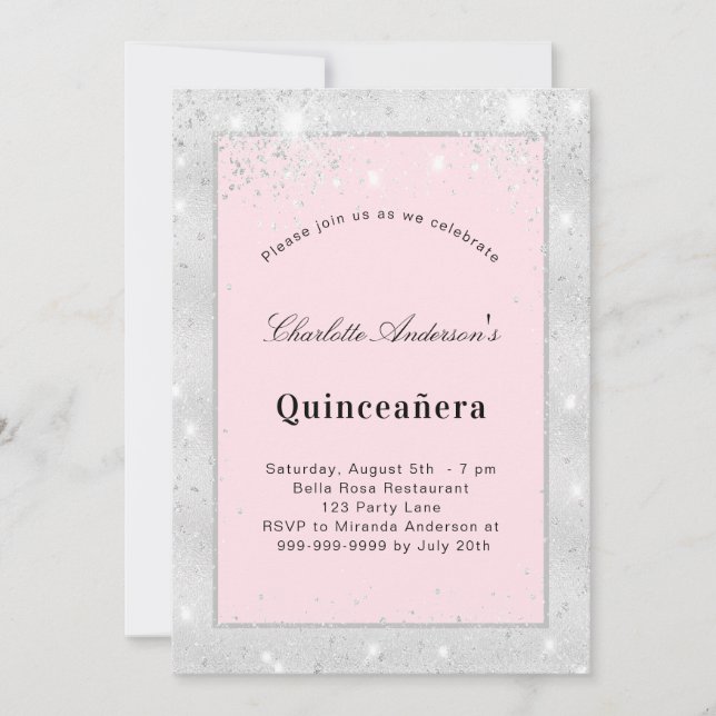 Convite Quinceanera prateada pincelada poeira rosa (Frente)