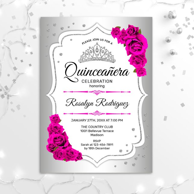 Convite Quinceanera - Prateado Branco Rosa (Criador carregado)