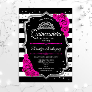 Convite Quinceanera - Prateado Preto Rosa