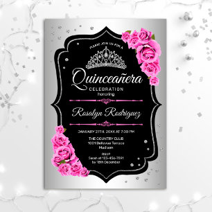 Convite Quinceanera - Prateado Preto Rosa