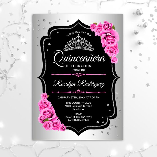 Convite Quinceanera - Prateado Preto Rosa (Criador carregado)