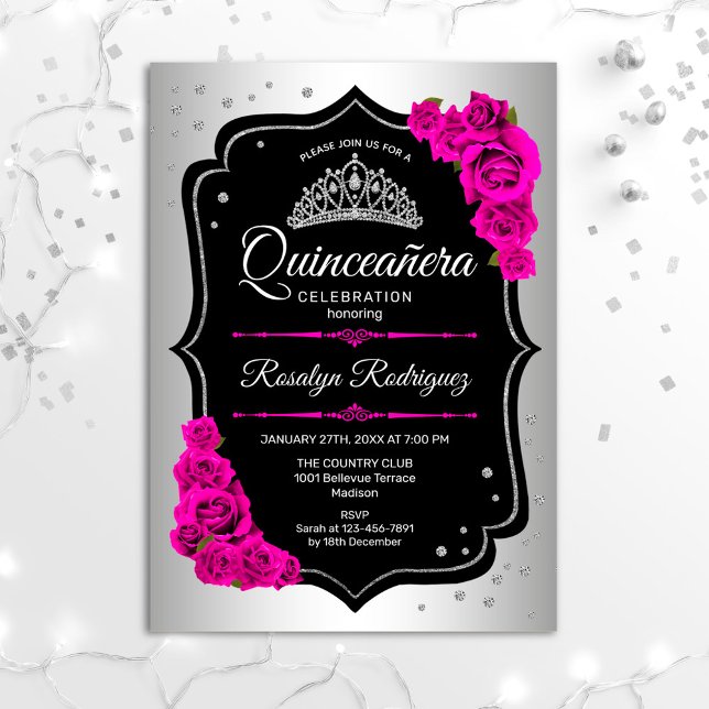 Convite Quinceanera - Prateado Preto Rosa (Criador carregado)