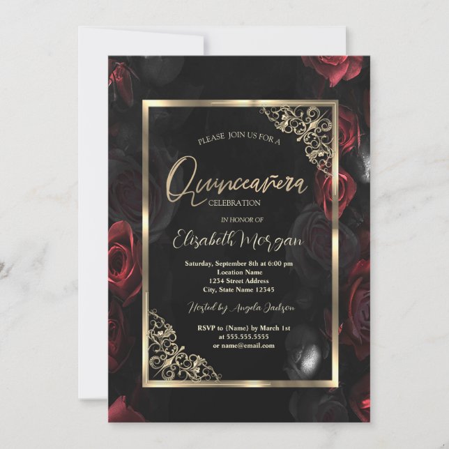 Convite Quinceañera Preta com Quadro Dourado das Rosas ver (Frente)