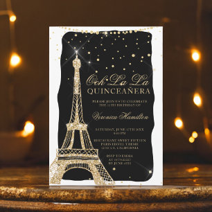 Convite Quinceanera preta de ouro cúbico em torre Eiffel