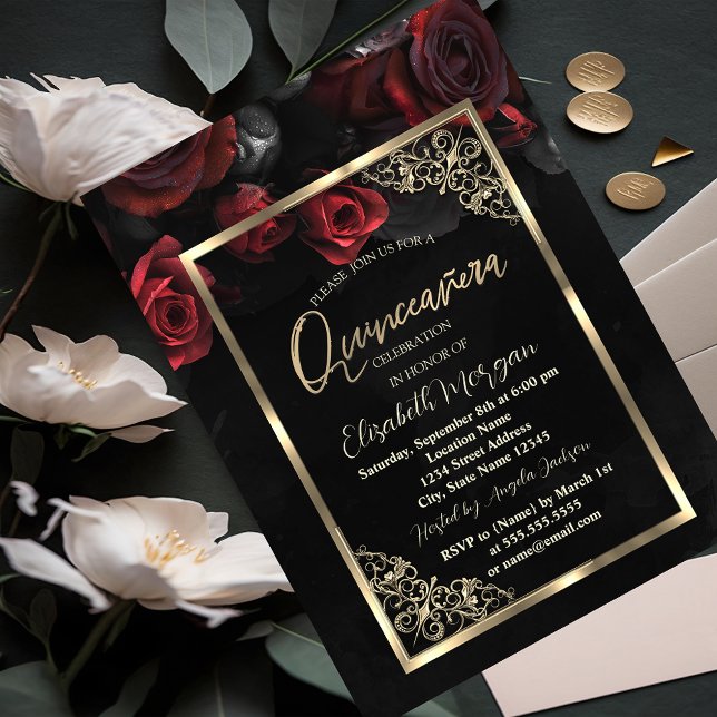 Convite Quinceañera Preta do Quadro Dourado das Rosas verm (Criador carregado)