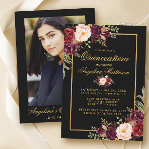 Convite Quinceanera Preta, Dourada Foto De Volta