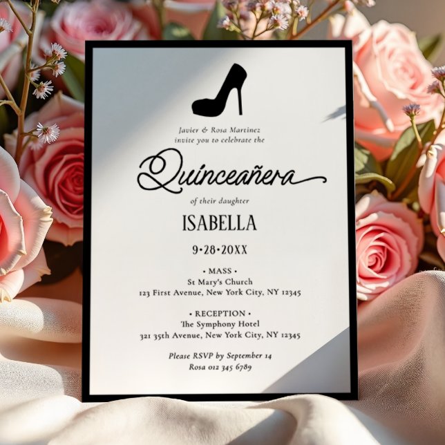 Convite Quinceañera Preta e Branca Minimalista Elegante (Criador carregado)