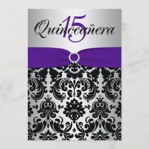 Convite Quinceanera Preta Púrpura de Fita de Fita, IMPRES
