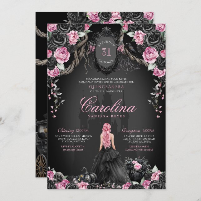 Convite Quinceanera Preta Rosa-Rosa, Princesa Gótica (Frente/Verso)