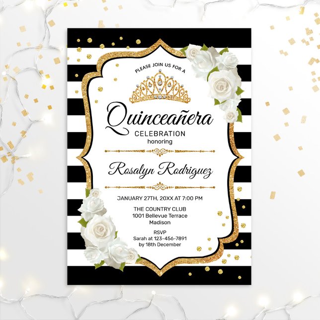 Convite Quinceanera - Preto Branco Dourado (Criador carregado)