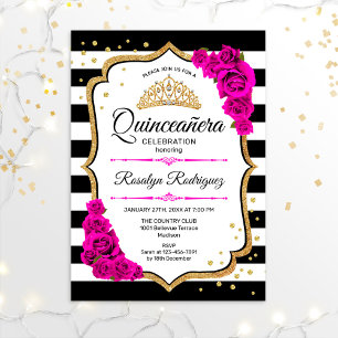 Convite Quinceanera - Preto Branco, Rosa Dourado