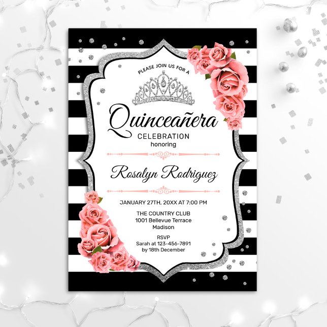 Convite Quinceanera - Preto Branco - Rosa Esbranquiçado (Criador carregado)