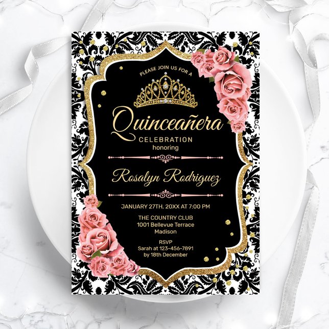 Convite Quinceanera - Preto Cor-de-Rosa Esbranquiçado Dour (Criador carregado)
