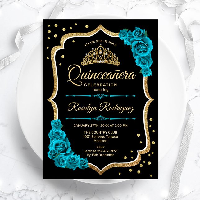 Convite Quinceanera - Preto Dourado Teal (Criador carregado)