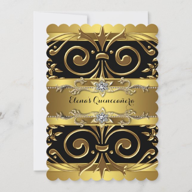 Convite Quinceanera Preto e Dourado (Frente)
