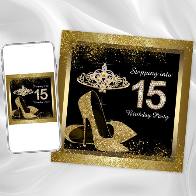 Convite Quinceanera Preto e Dourado (Quinceanera or any occasion invitation. Simply delete the 15 and add the text of your choice.)