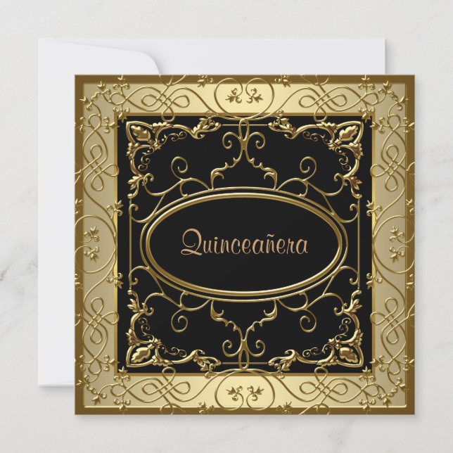 Convite Quinceanera Preto e Dourado (Frente)