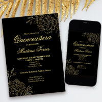 Quinceanera Preto e Dourado Flores Florais Contorn