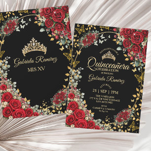Convite Quinceañera Preto e Vermelho Borboletas Douradas R