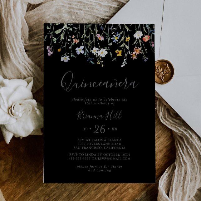 Convite Quinceañera Preto Floral Multicolorido Selvagem (Criador carregado)