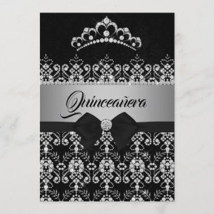 Convite Quinceanera Preto Prata Brilho Diamante Tiara Arco