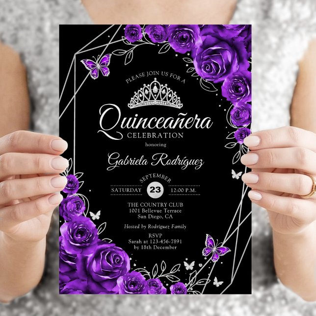 Convite Quinceanera Preto Prata Roxo Floral (Criador carregado)
