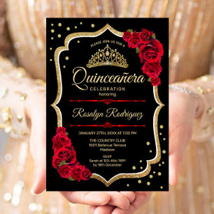 Convite Quinceanera - Preto Vermelho Dourado