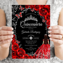 Quinceanera Preto Vermelho Prata