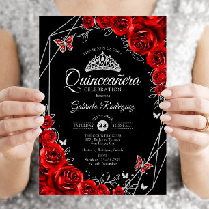 Convite Quinceanera Preto Vermelho Prata Floral