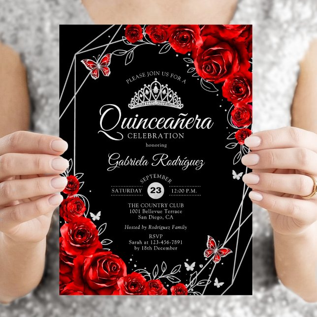 Convite Quinceanera Preto Vermelho Prata Floral (Criador carregado)