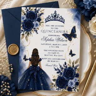 Convite Quinceañera Princesa Borboleta Floral Dourada Nava